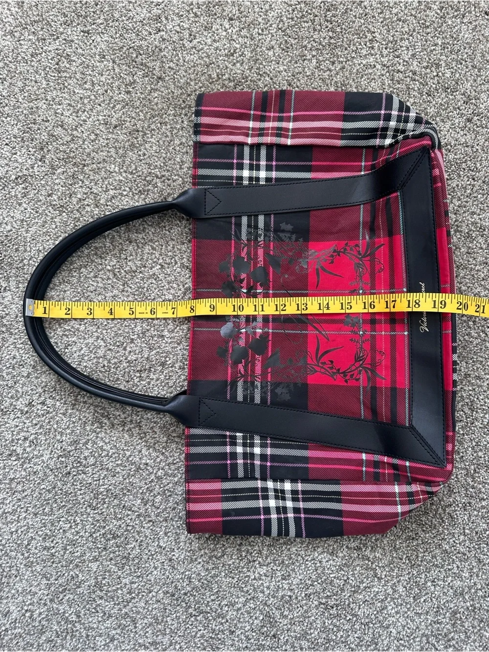 Victoria's Secret Red and Black Plaid Tote with Floral Accent